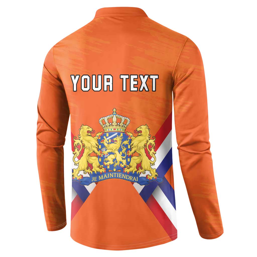Orange button henley sweatshirt back with YOUR TEXT and royal crest with motto