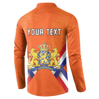 Orange button henley sweatshirt back with YOUR TEXT and royal crest with motto