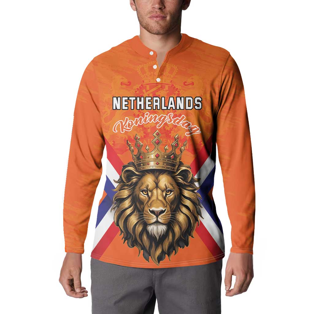 Orange button henley sweatshirt on model with Netherlands Koningsdag lion crown print