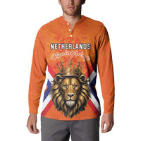 Orange button henley sweatshirt on model with Netherlands Koningsdag lion crown print