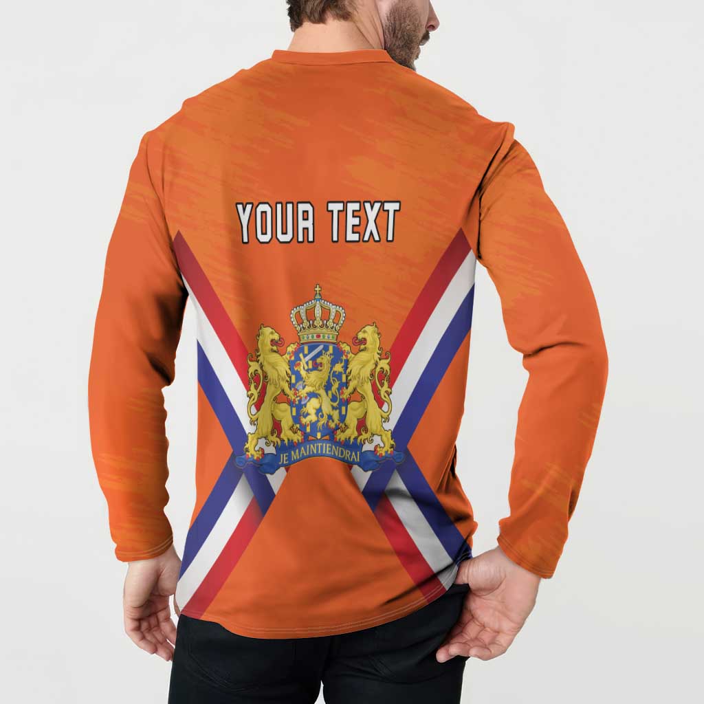 Orange button henley sweatshirt on model back with YOUR TEXT and royal crest