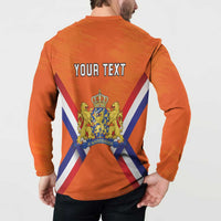 Orange button henley sweatshirt on model back with YOUR TEXT and royal crest