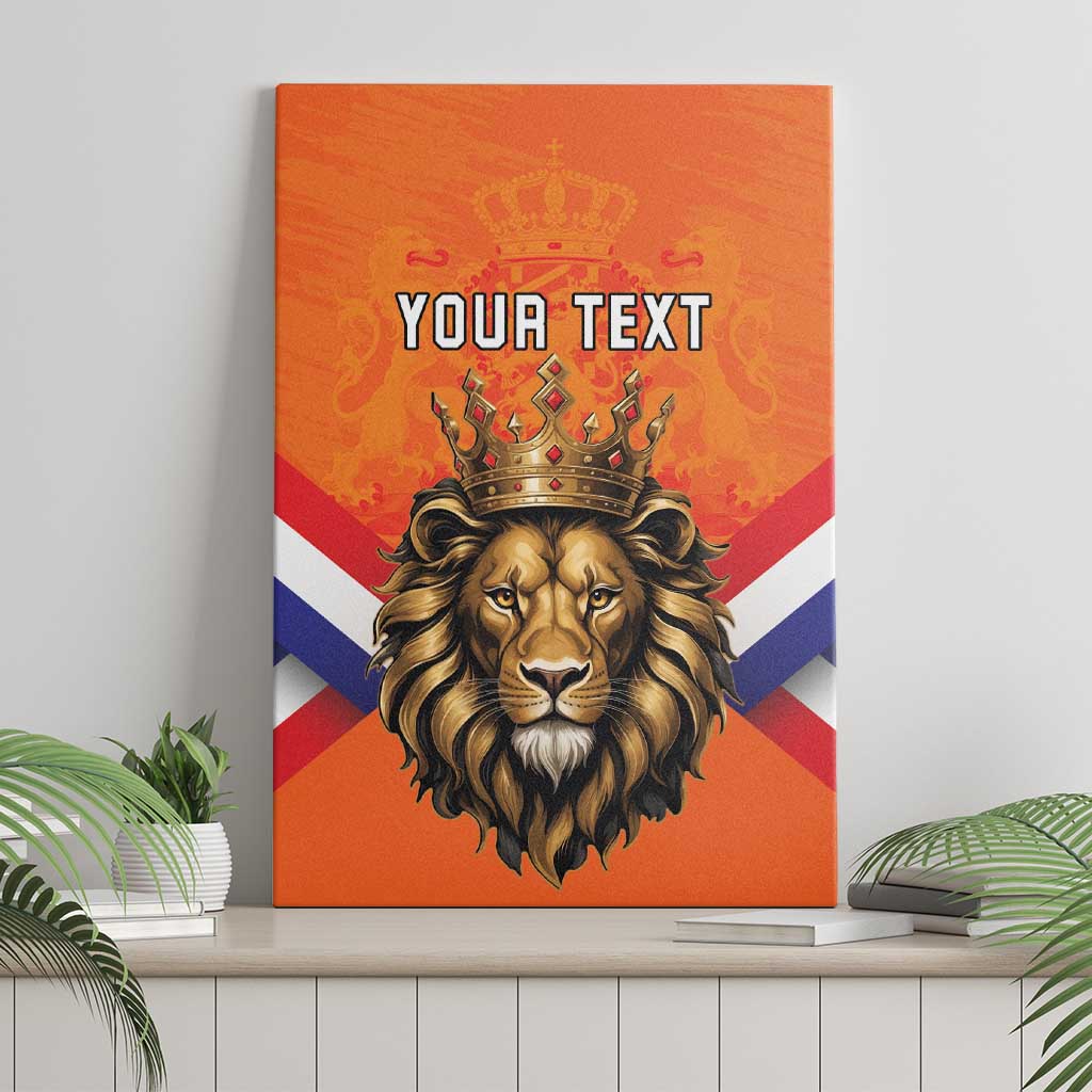 Orange canvas wall art with crowned lion head, flag stripes, and “YOUR TEXT”