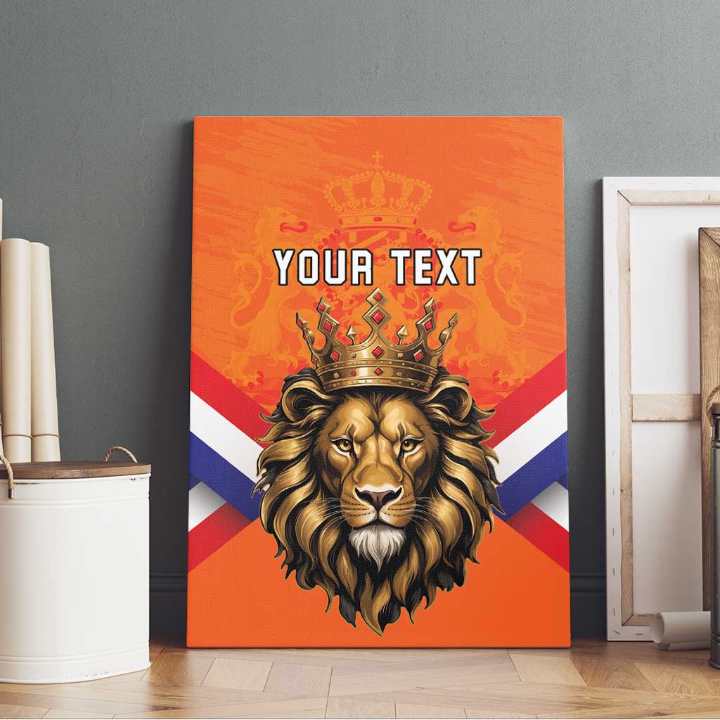 Orange canvas wall art featuring crowned lion head, flag stripes, and “YOUR TEXT”