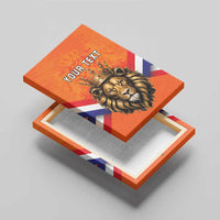 Crowned lion canvas wall art with “YOUR TEXT” on orange background and flag stripes