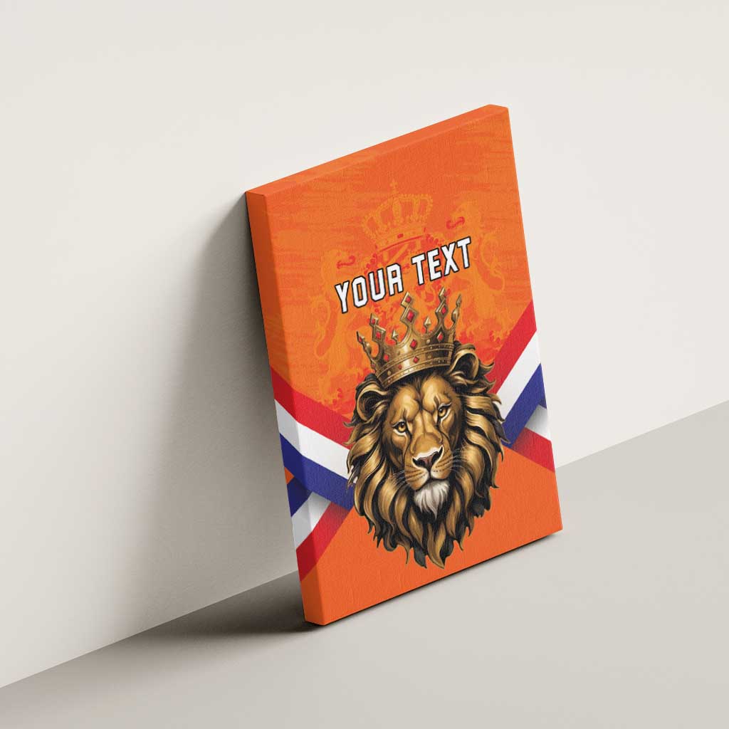 Orange canvas wall art with crowned lion head and “YOUR TEXT” over flag stripes