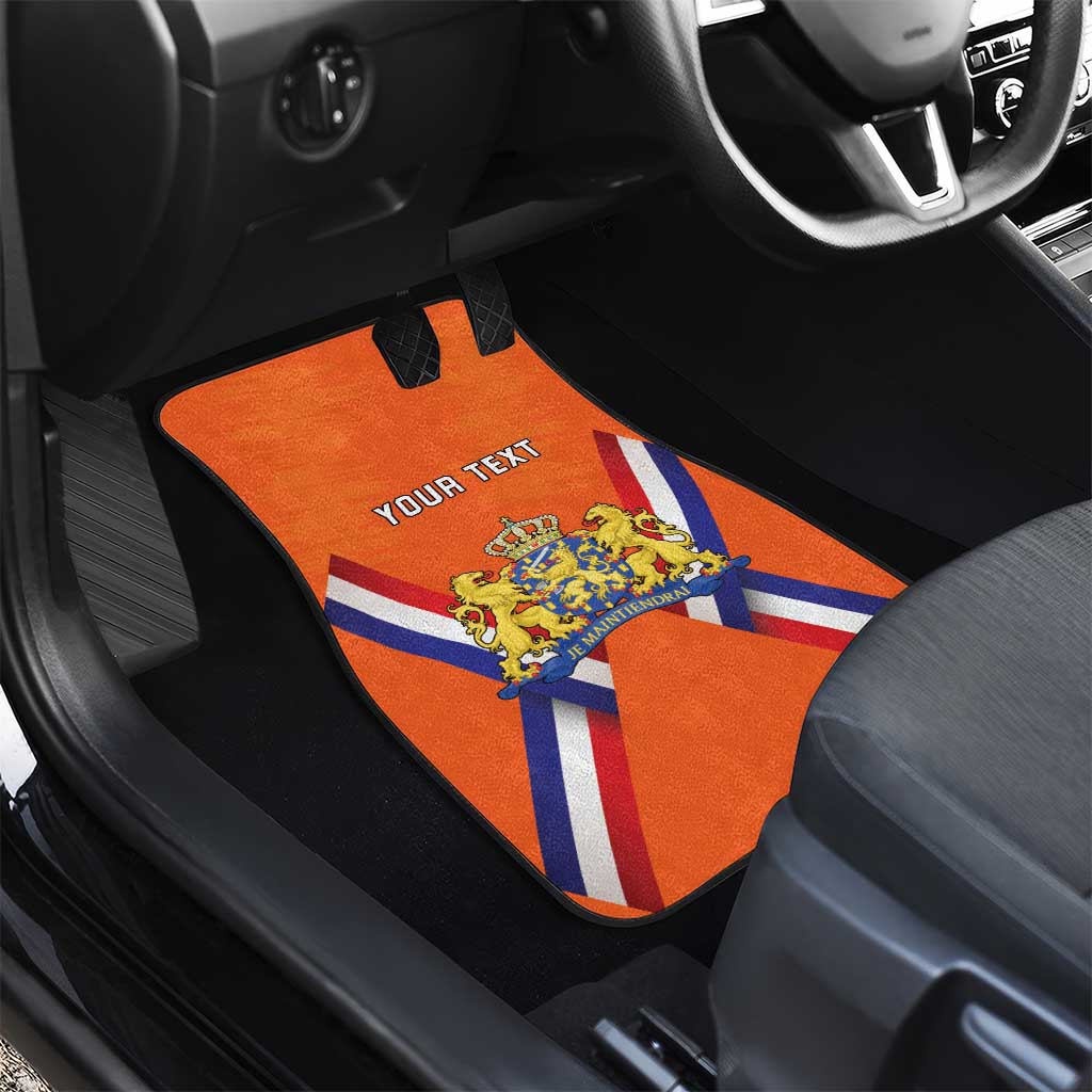 Orange car floor mat with Union Jack stripes and lion crest, 'YOUR TEXT'
