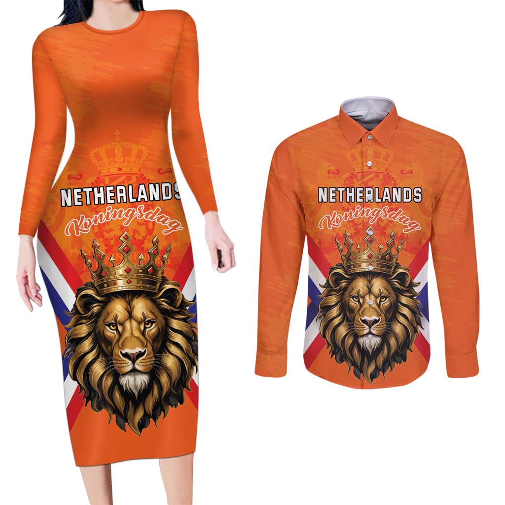 Personalized Netherlands King's Day Couples Matching Long Sleeve Bodycon Dress and Long Sleeve Button Shirt Koningsdag Lion King With Crown