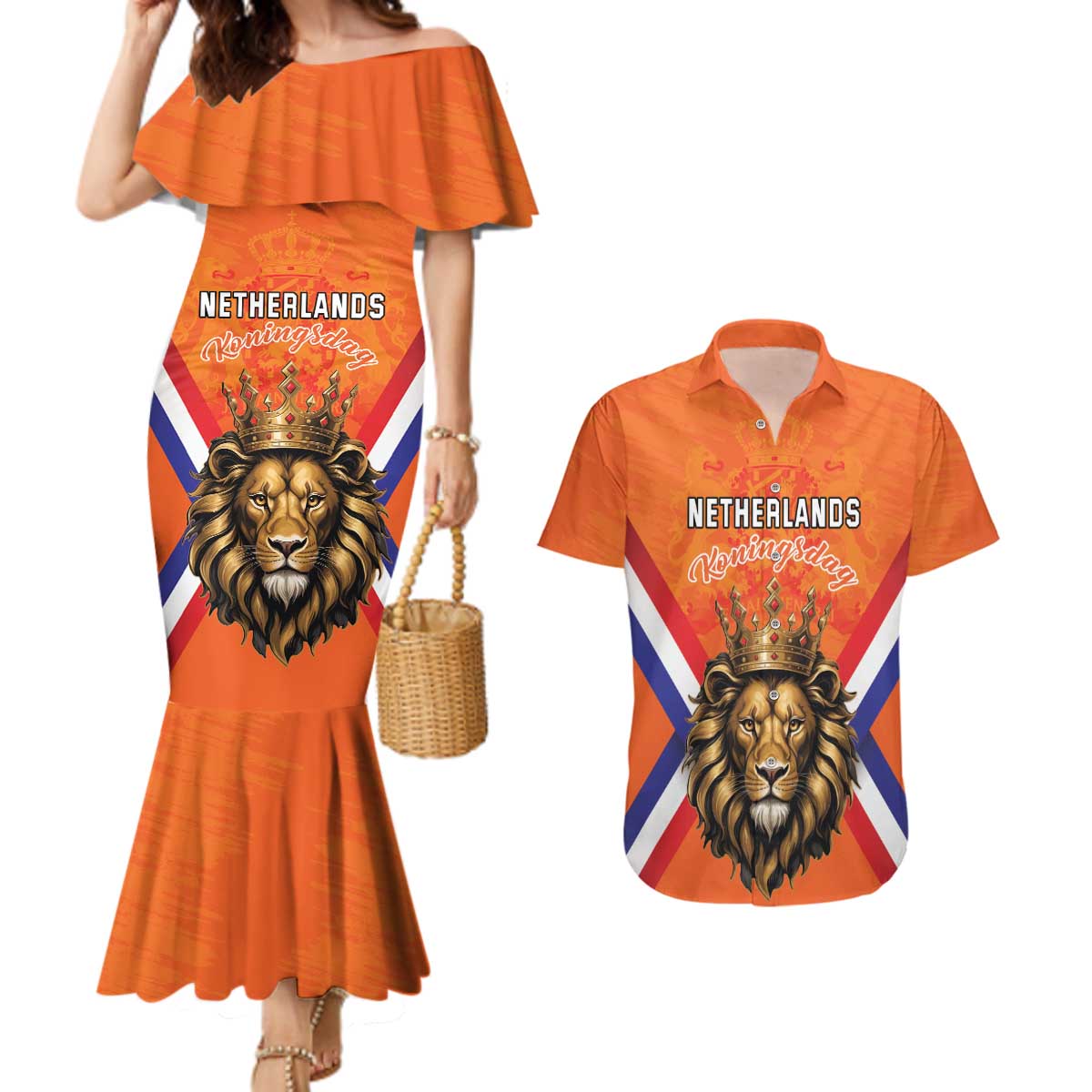 Personalized Netherlands King's Day Couples Matching Mermaid Dress and Hawaiian Shirt Koningsdag Lion King With Crown