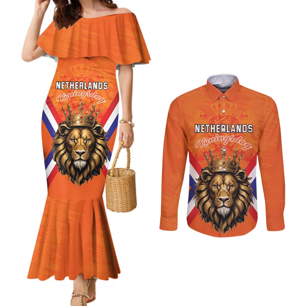 Personalized Netherlands King's Day Couples Matching Mermaid Dress and Long Sleeve Button Shirt Koningsdag Lion King With Crown