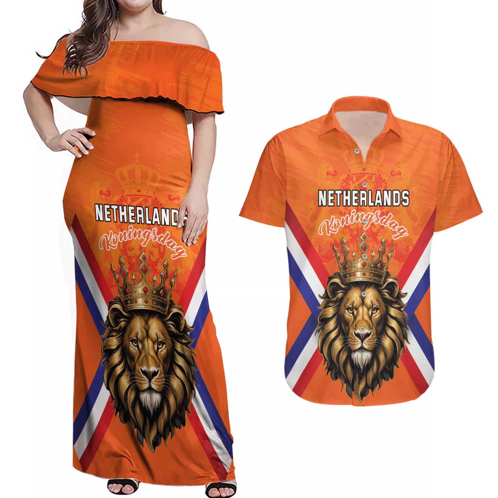 Personalized Netherlands King's Day Couples Matching Off Shoulder Maxi Dress and Hawaiian Shirt Koningsdag Lion King With Crown