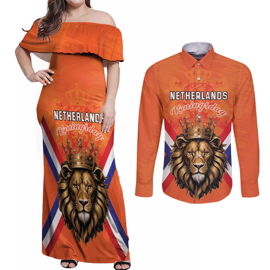 Personalized Netherlands King's Day Couples Matching Off Shoulder Maxi Dress and Long Sleeve Button Shirt Koningsdag Lion King With Crown