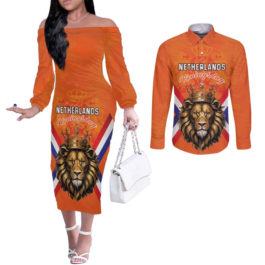 Personalized Netherlands King's Day Couples Matching Off The Shoulder Long Sleeve Dress and Long Sleeve Button Shirt Koningsdag Lion King With Crown