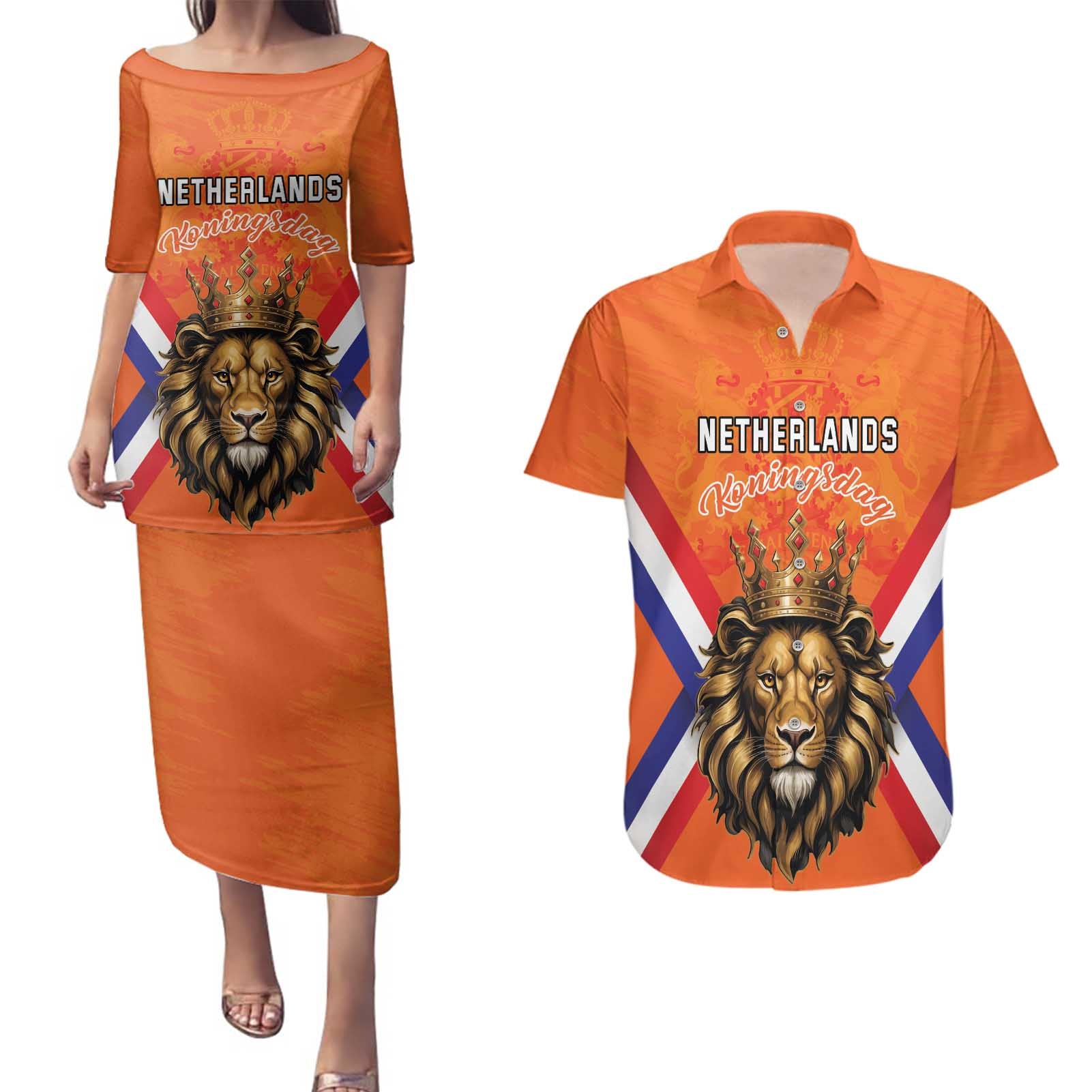 Personalized Netherlands King's Day Couples Matching Puletasi and Hawaiian Shirt Koningsdag Lion King With Crown