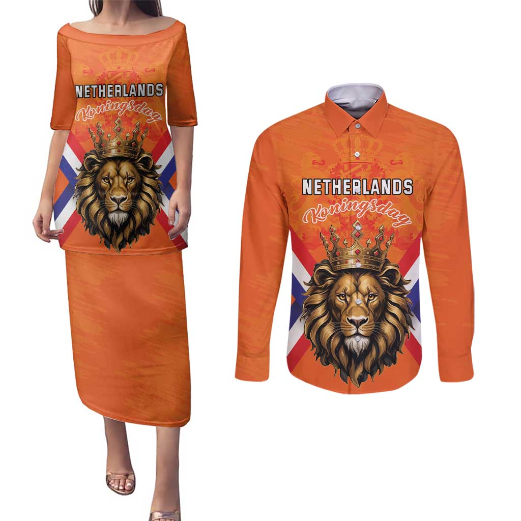 Personalized Netherlands King's Day Couples Matching Puletasi and Long Sleeve Button Shirt Koningsdag Lion King With Crown