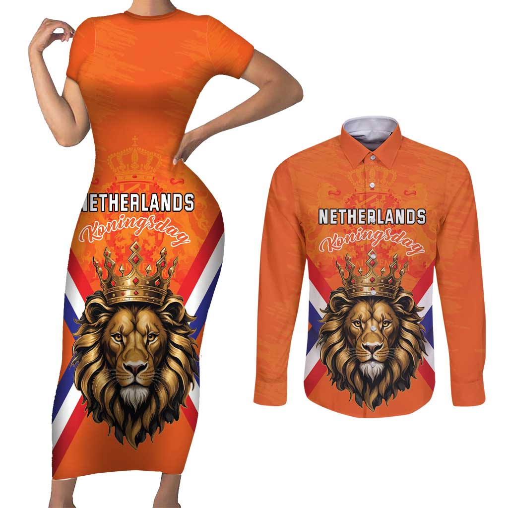 Personalized Netherlands King's Day Couples Matching Short Sleeve Bodycon Dress and Long Sleeve Button Shirt Koningsdag Lion King With Crown