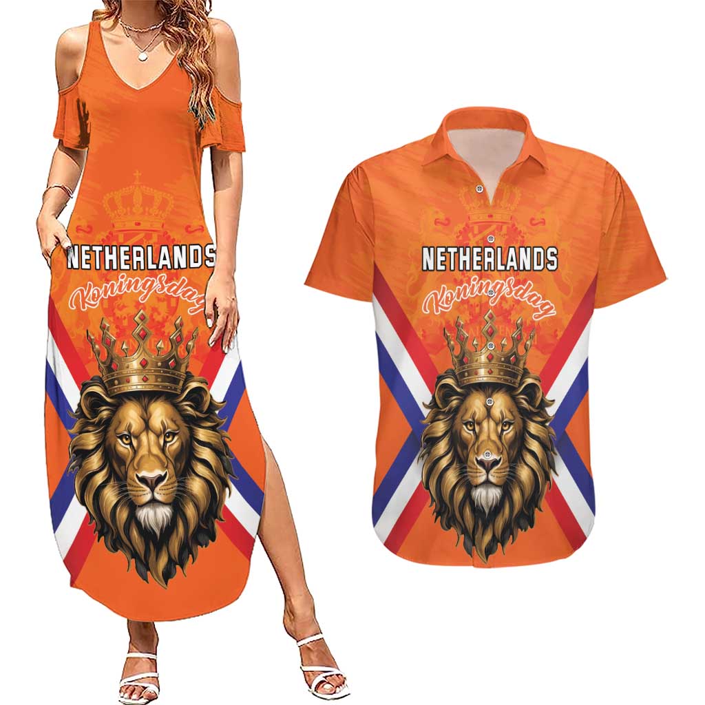 Personalized Netherlands King's Day Couples Matching Summer Maxi Dress and Hawaiian Shirt Koningsdag Lion King With Crown