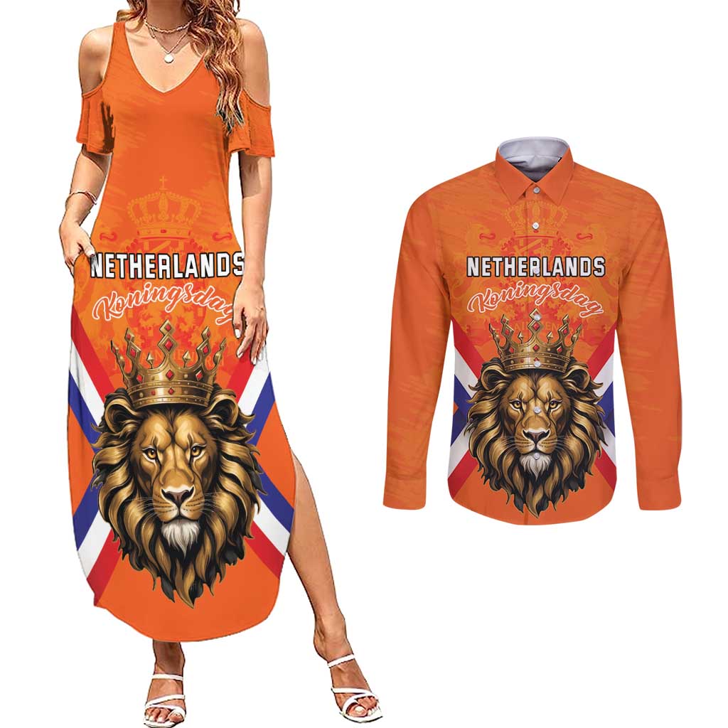 Personalized Netherlands King's Day Couples Matching Summer Maxi Dress and Long Sleeve Button Shirt Koningsdag Lion King With Crown