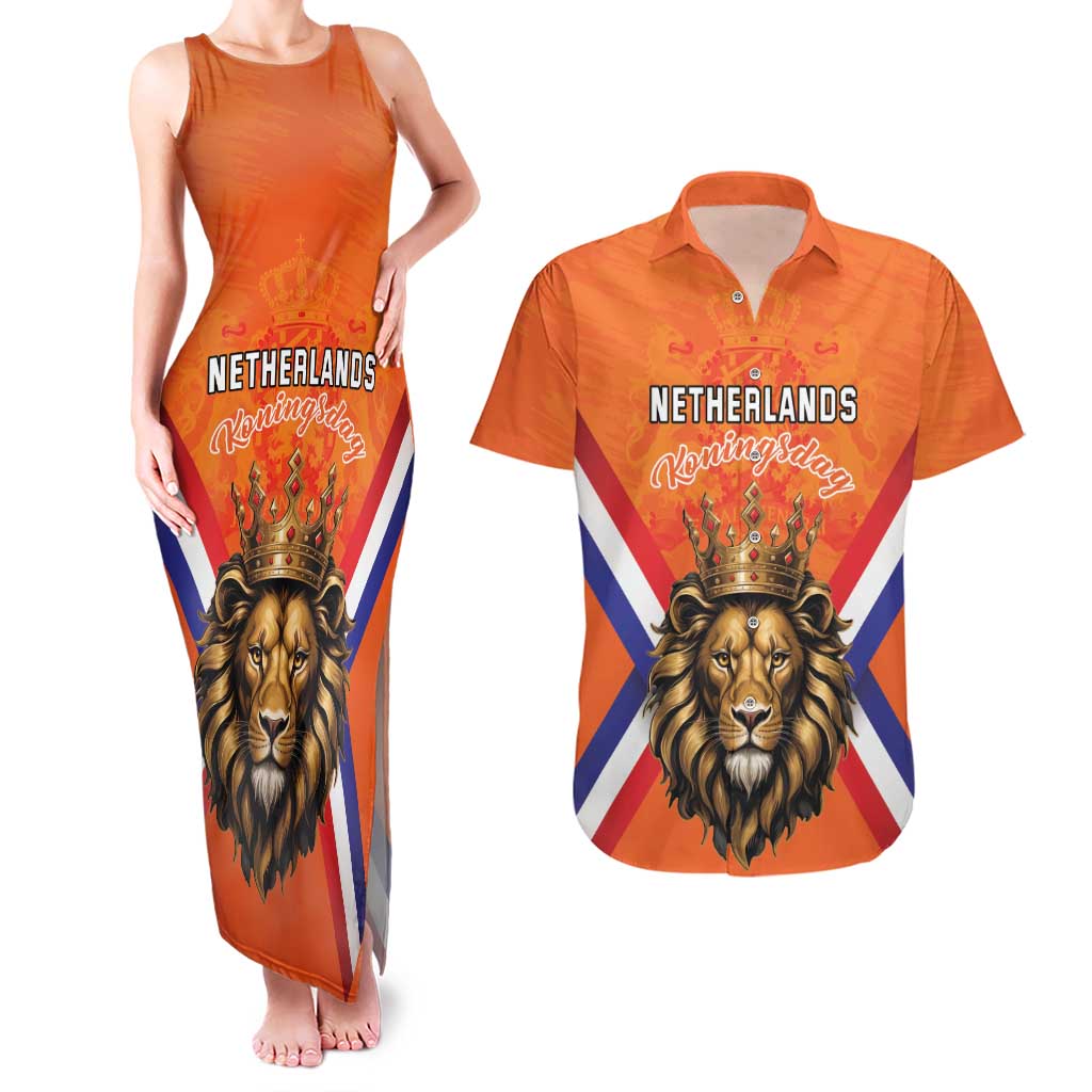 Personalized Netherlands King's Day Couples Matching Tank Maxi Dress and Hawaiian Shirt Koningsdag Lion King With Crown