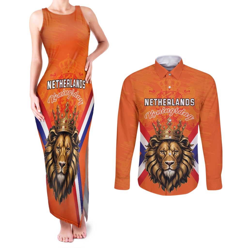 Personalized Netherlands King's Day Couples Matching Tank Maxi Dress and Long Sleeve Button Shirt Koningsdag Lion King With Crown