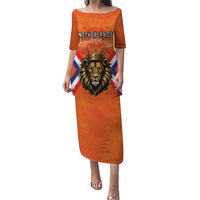 Orange long dress with lion wearing crown and Netherlands Koningsdag graphic on front