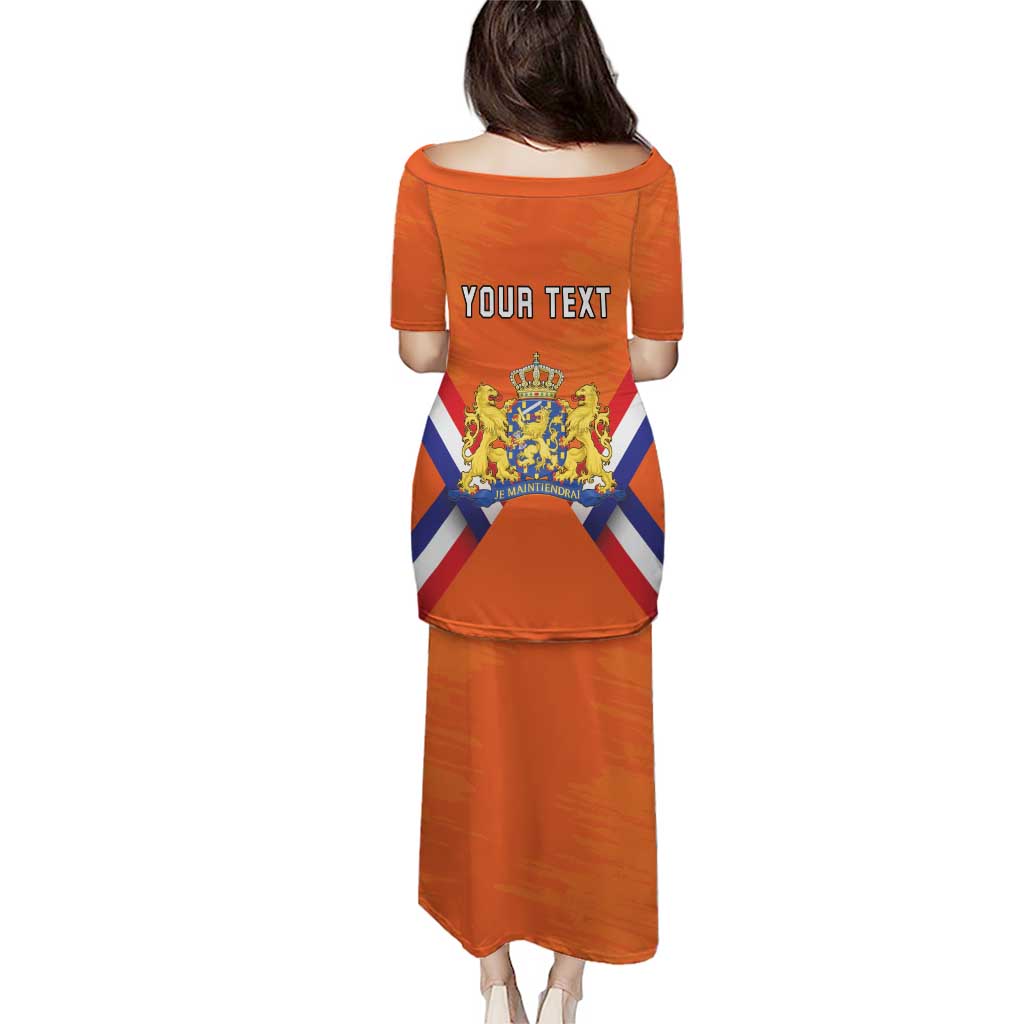 Orange long dress with Your Text on back and lion crest over blue diagonal stripe