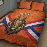 Orange quilt bed set with lion-and-crown design, YOUR TEXT, Netherlands flag pattern, two pillows