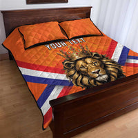 Orange quilt bed set with lion wearing a crown, YOUR TEXT, Netherlands flag stripes, two pillows