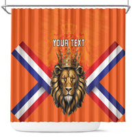 Orange shower curtain with crowned lion head, Union Jack stripes, centered 'Your Text'.