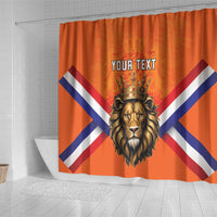 Orange shower curtain with crowned lion head and Union Jack stripes, plus 'Your Text'.
