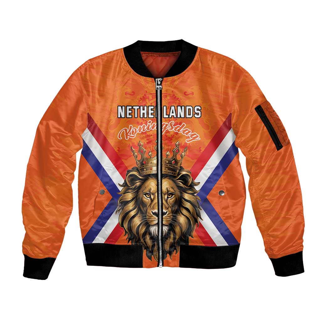 Personalized Netherlands King's Day Sleeve Zip Bomber Jacket Koningsdag Lion King With Crown