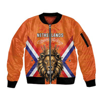 Orange zip-front bomber jacket with black ribbed trim, lion face and Dutch flag graphic