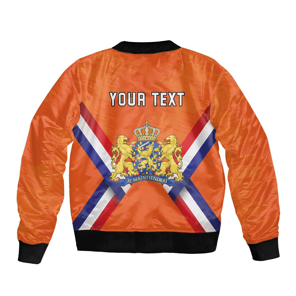 Orange zip-front bomber jacket with black ribbed trim, Dutch crest and "YOUR TEXT" back print