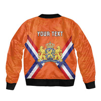 Orange zip-front bomber jacket with black ribbed trim, Dutch crest and "YOUR TEXT" back print