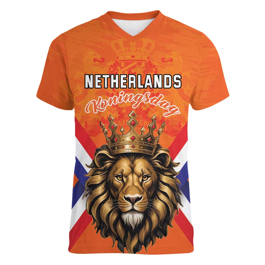 Personalized Netherlands King's Day Women V-Neck T-Shirt Koningsdag Lion King With Crown