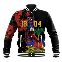 Black unisex baseball jacket with red floral sleeves and colorful front graphic