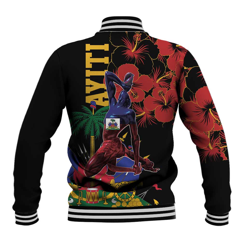 Black unisex baseball jacket, striped collar and cuffs, colorful back graphic with yellow text