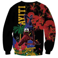 Black unisex sweatshirt with back graphic of blue figure, red dancer, fireworks and patterns