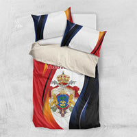 Personalized bedding set duvet and pillowcases with red, blue, and white crest design