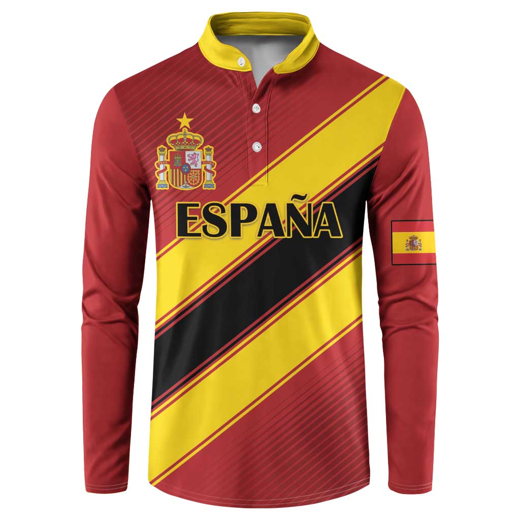 Red and yellow Spain soccer henley sweatshirt with yellow button placket and crest