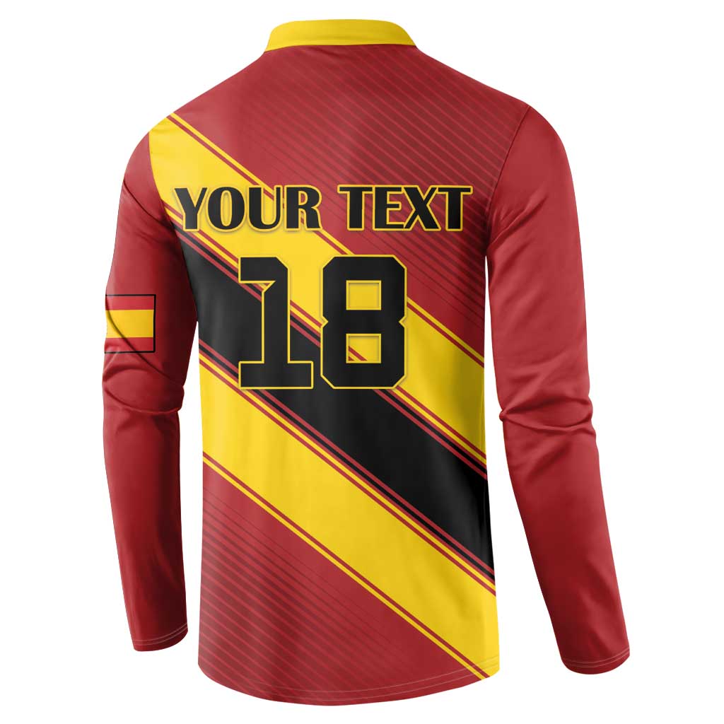 Red and yellow soccer henley sweatshirt back with YOUR TEXT 18 graphic