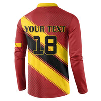 Red and yellow soccer henley sweatshirt back with YOUR TEXT 18 graphic