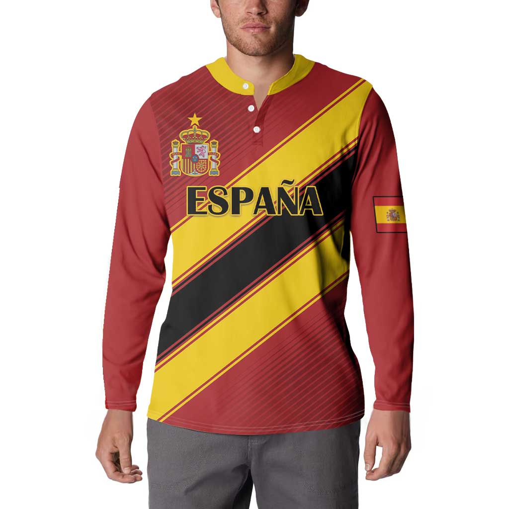 Spain football button sweatshirt with red, yellow, and black diagonal stripes and crest