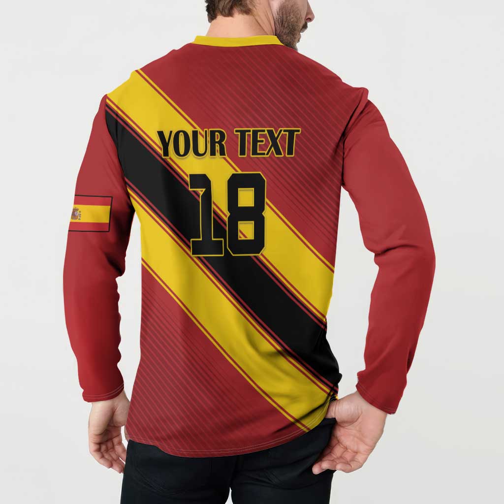 Red and yellow soccer henley sweatshirt back with YOUR TEXT 18 and diagonal stripes