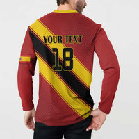 Red and yellow soccer henley sweatshirt back with YOUR TEXT 18 and diagonal stripes