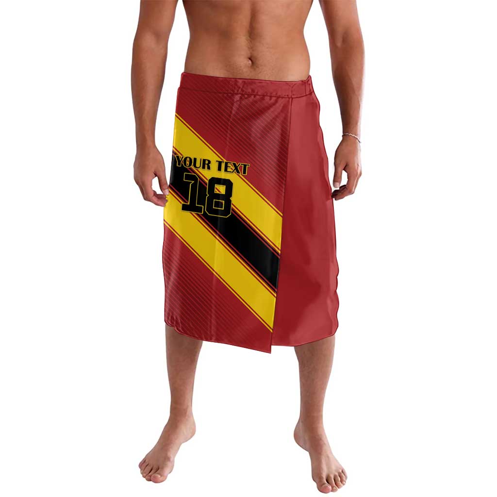 Red Spain football shorts with diagonal yellow graphic and custom text, elastic waist