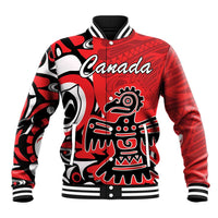Red baseball jacket with black and white Haida eagle graphic and Canada logo on front