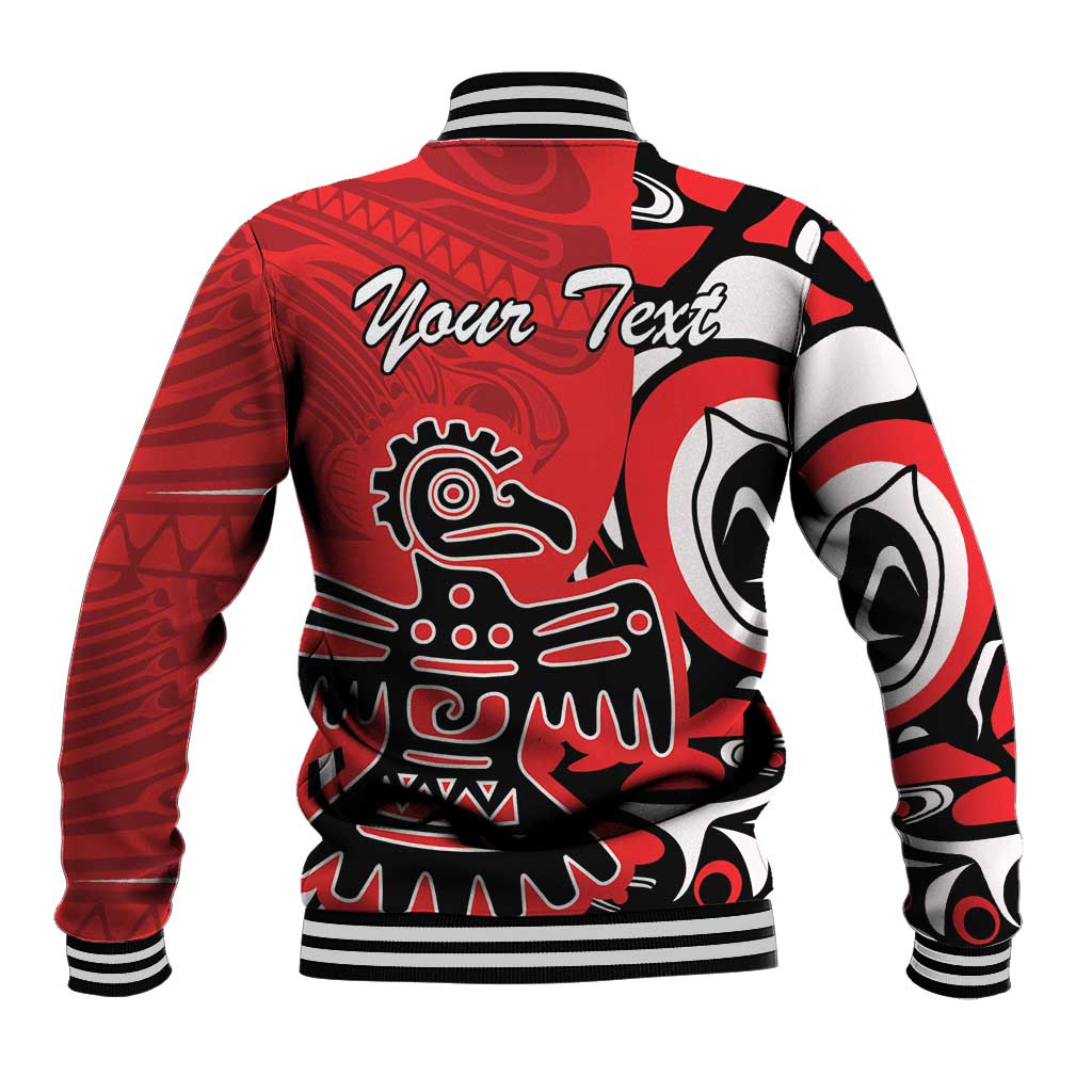 Red baseball jacket with Haida eagle art, striped ribbed collar and cuffs, 'Your Text'
