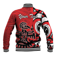 Red baseball jacket with Haida eagle art, striped ribbed collar and cuffs, 'Your Text'