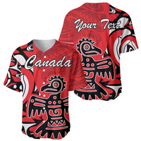 Pair of red baseball jerseys showing front and back with Canada and Your Text